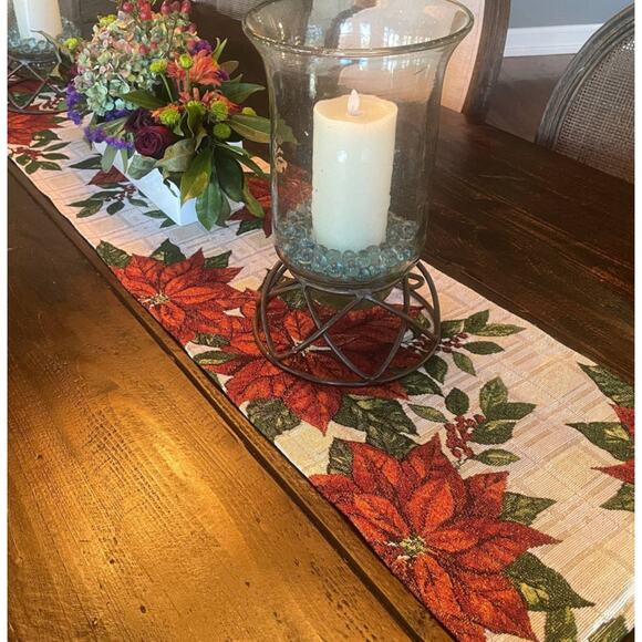 Christmas Poinsettia Metallic Plaid Tapestry Table Runner 13x70 Cream Red NWT - Picture 8 of 9